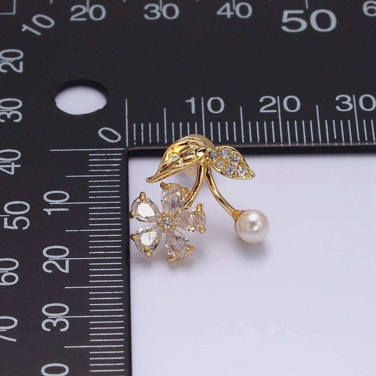 16K Gold Filled Micro Paved Flower Clear Teardrop CZ Pearl Cherry Stud Earrings | AE843