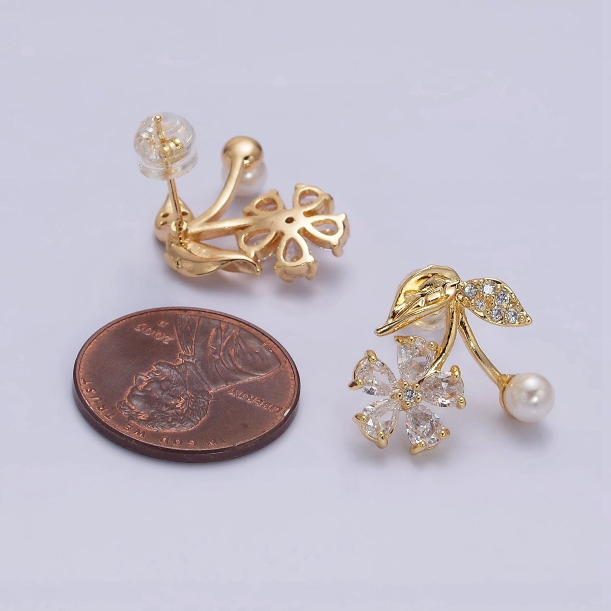 16K Gold Filled Micro Paved Flower Clear Teardrop CZ Pearl Cherry Stud Earrings | AE843