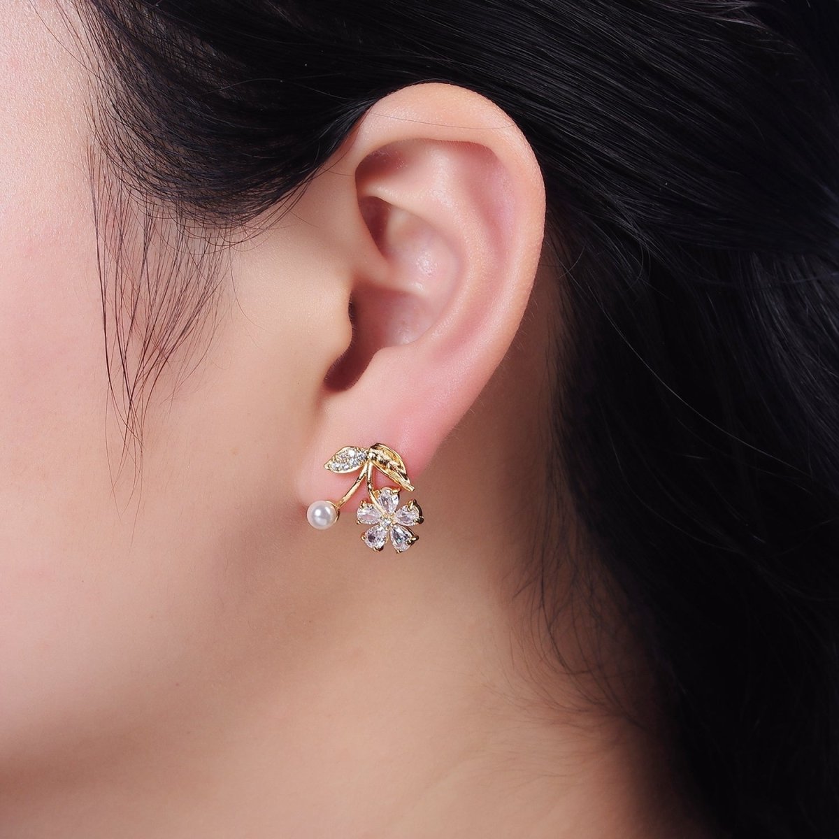 16K Gold Filled Micro Paved Flower Clear Teardrop CZ Pearl Cherry Stud Earrings | AE843