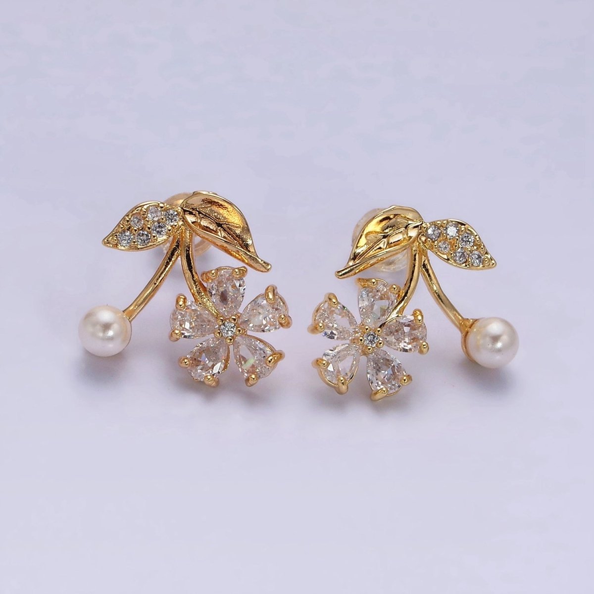 16K Gold Filled Micro Paved Flower Clear Teardrop CZ Pearl Cherry Stud Earrings | AE843