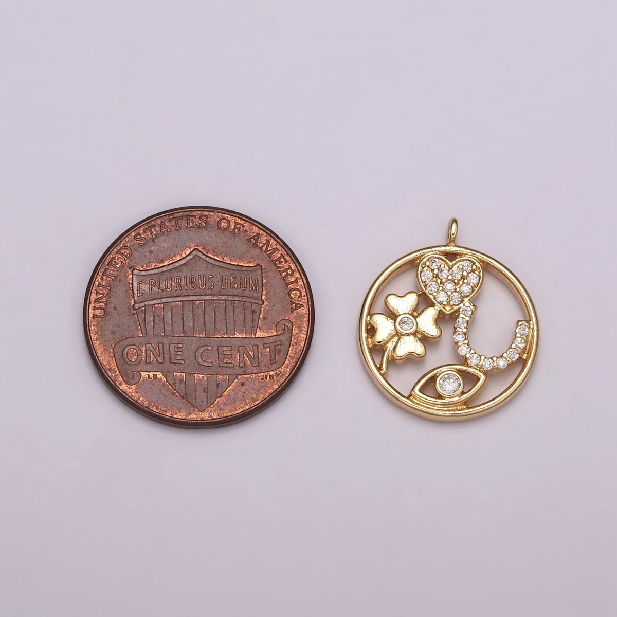 16K Gold Filled Micro Paved Micro Paved CZ Heart Horseshoe Clover Evil Eye Round Open Charm  N-176