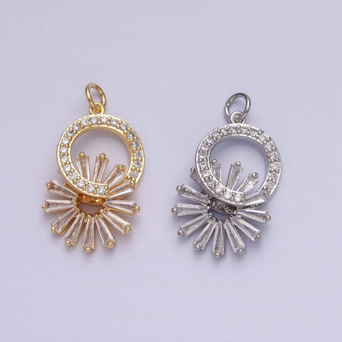 16K Gold Filled Micro Paved Round Flower Baguette Dangle Drop Charm in Gold & Silver | AC958 AC959