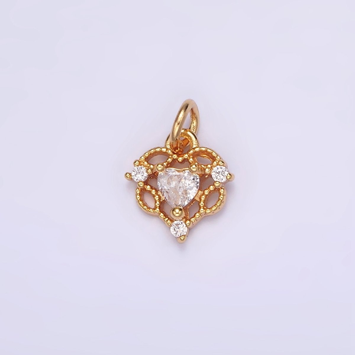 16K Gold Filled Mini Clear Heart Beaded Open Triple CZ Add-On Charm | AG096