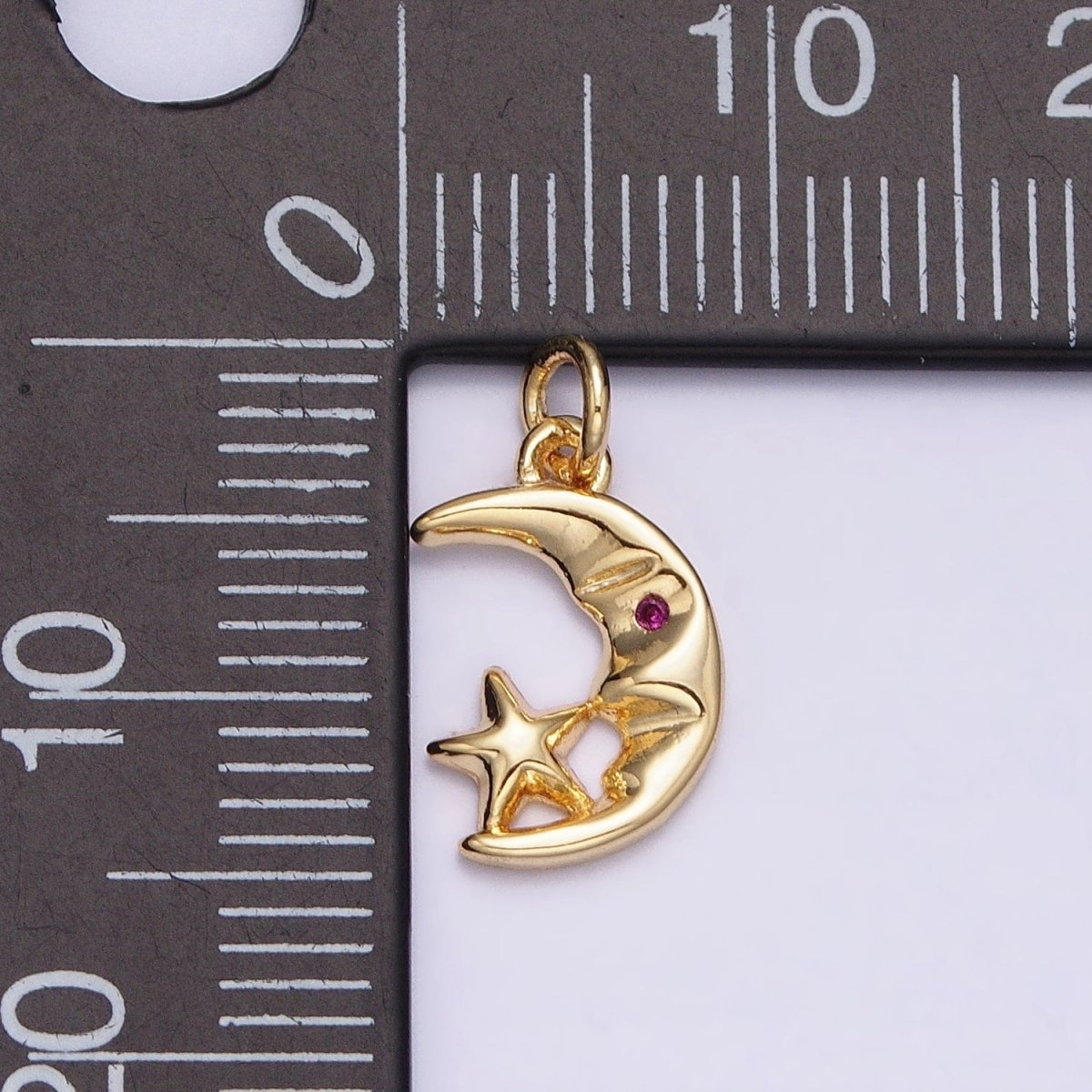 16K Gold Filled Mini CZ Fuchsia-Eyed Moon Face Star Celestial Add-On Charm | AC1161