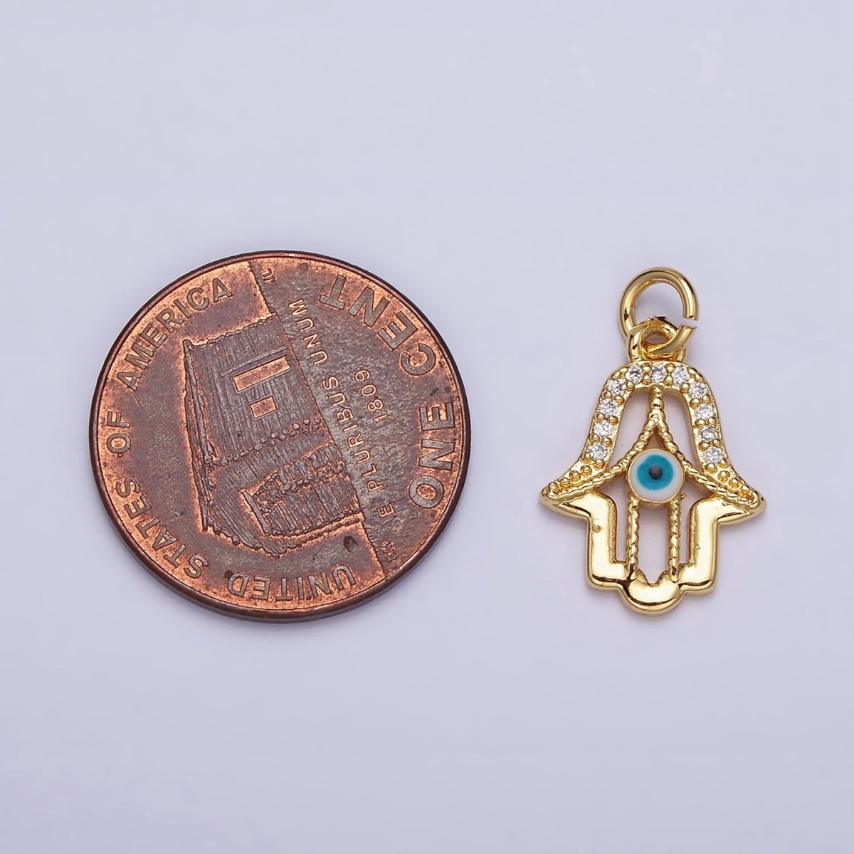 16K Gold Filled Mini Hamsa Hand Dark Blue, Teal Evil Eye Micro Paved CZ Add-On Charm | AC1172 AC1173
