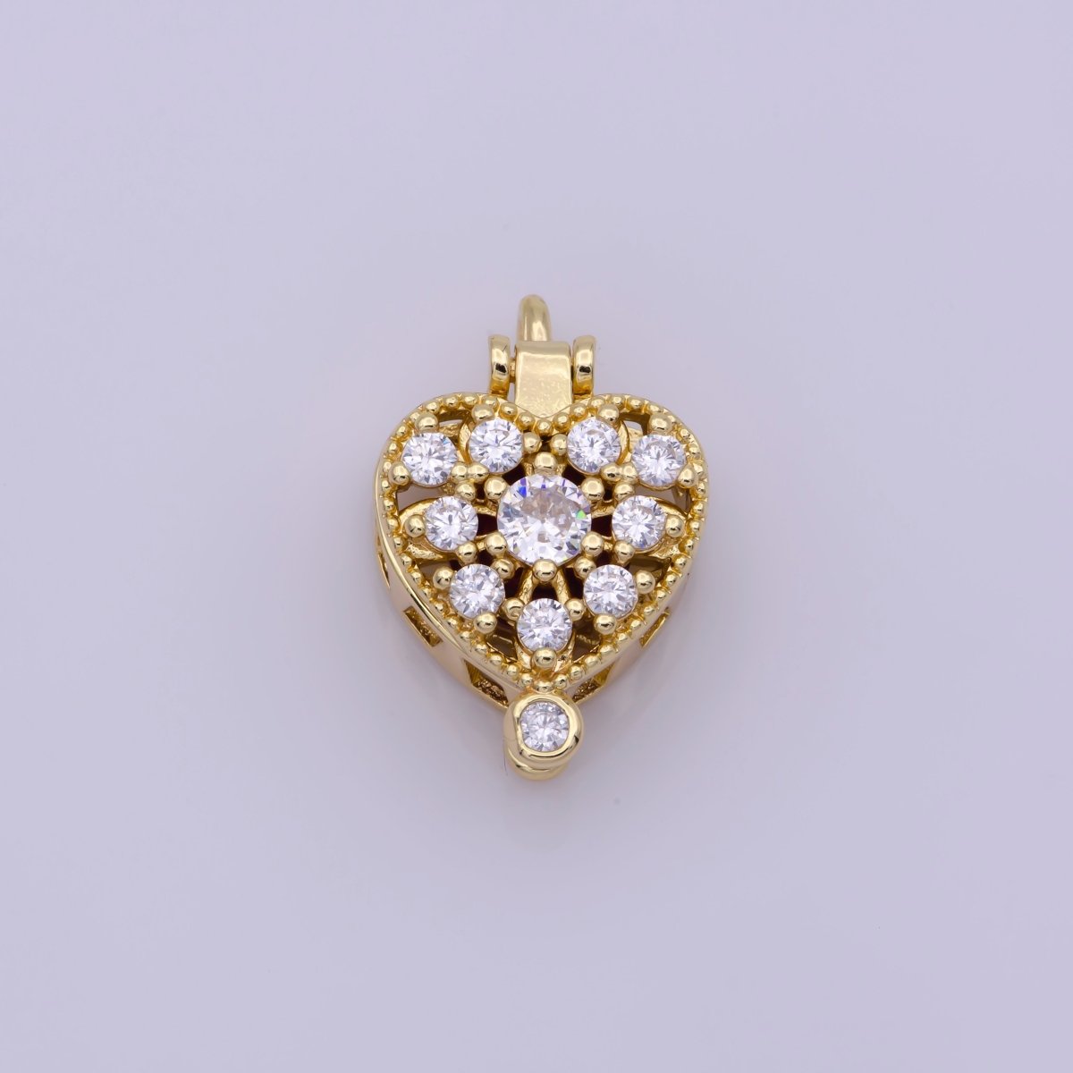16K Gold Filled Mini Heart Cage Locket Charm with Red CZ Inside N-195