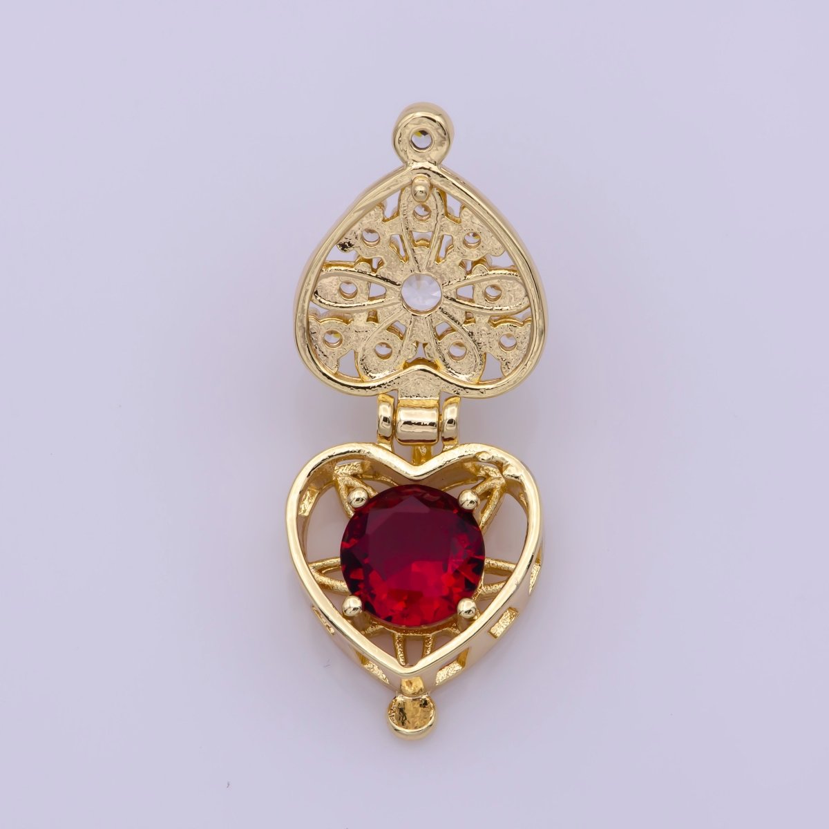 16K Gold Filled Mini Heart Cage Locket Charm with Red CZ Inside N-195