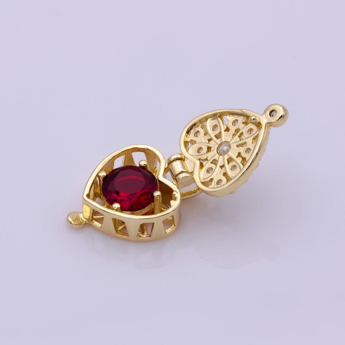 16K Gold Filled Mini Heart Cage Locket Charm with Red CZ Inside N-195