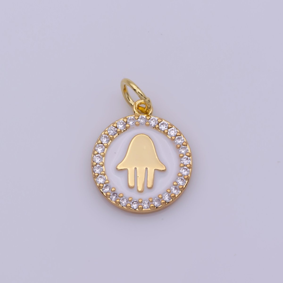 16K Gold Filled Mini Micro Paved CZ White Enamel Hamsa Hand Protection Charm N-202