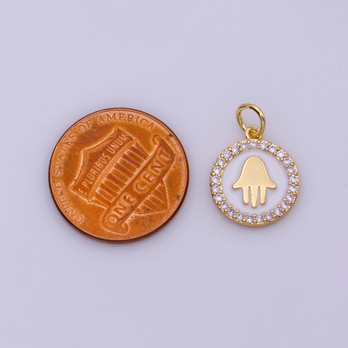16K Gold Filled Mini Micro Paved CZ White Enamel Hamsa Hand Protection Charm N-202