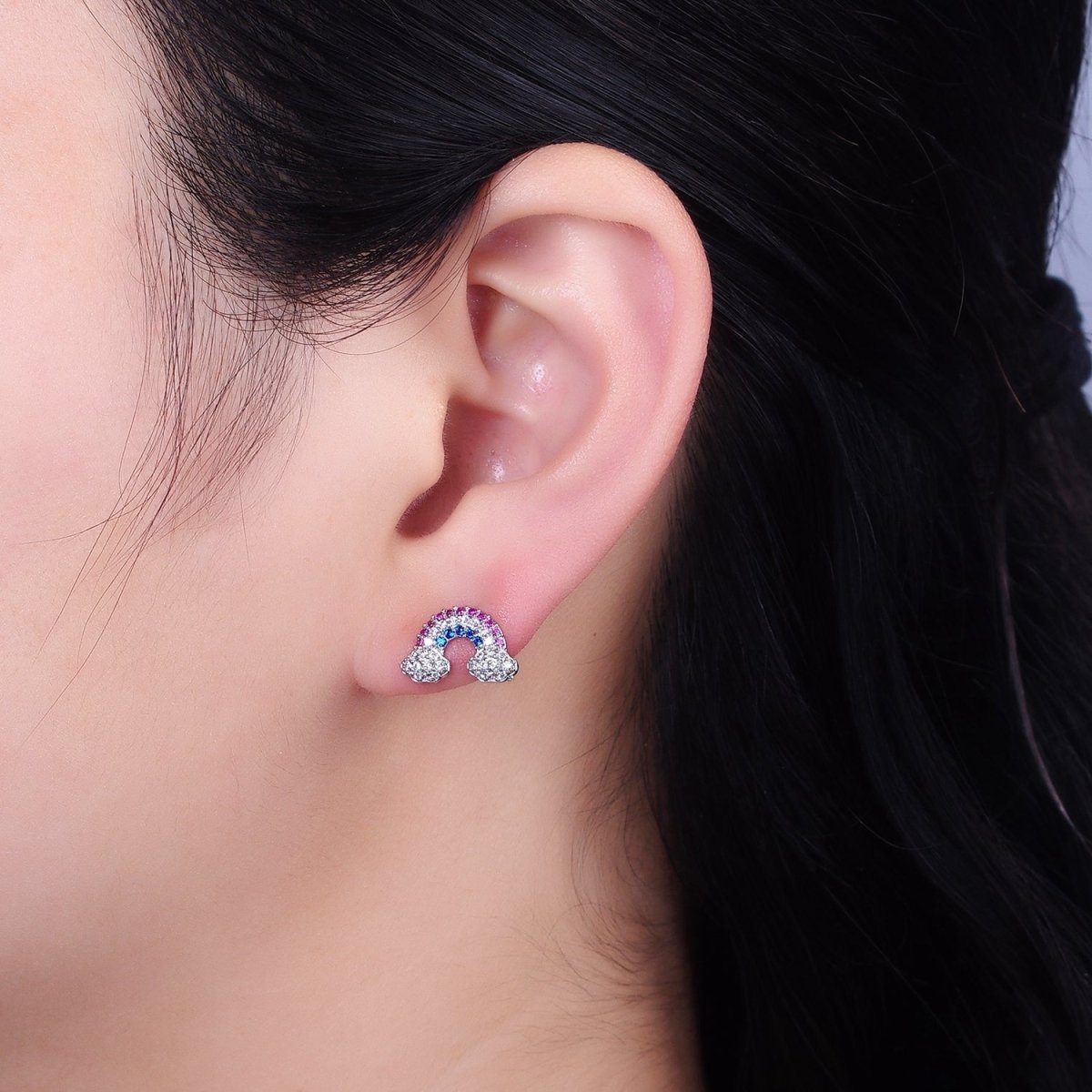 16K Gold Filled Mini Rainbow Weather Multicolor Micro Paved CZ Stud Earrings in Gold & Silver | AD950 AD951