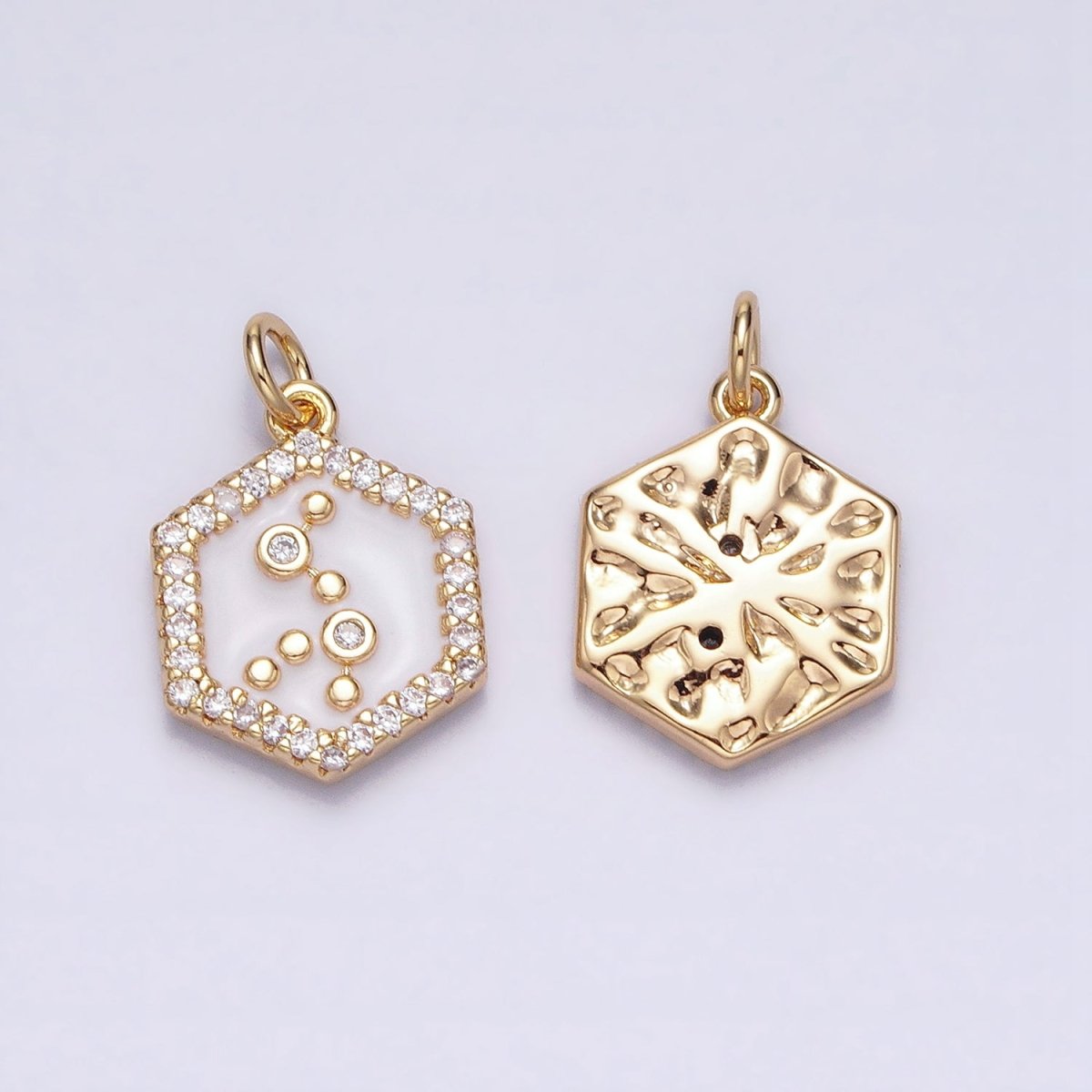 16K Gold Filled Mini Zodiac Sign Birth Star Constellation White Enamel Hexagonal Hammered Add-On Charm | A-A1391-A-A1396