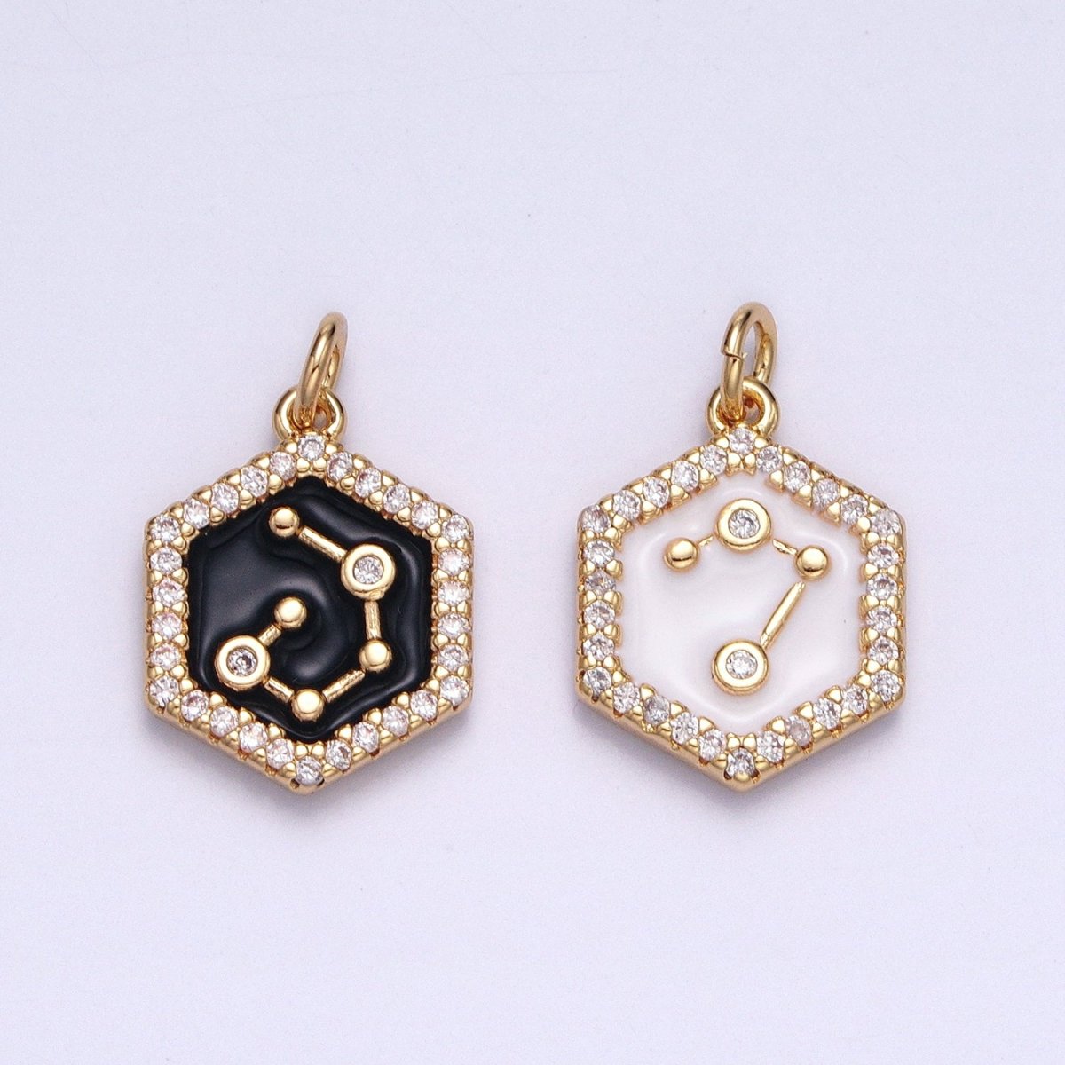 16K Gold Filled Mini Zodiac Sign Birth Star Constellation White Enamel Hexagonal Hammered Add-On Charm | A-A1391-A-A1396