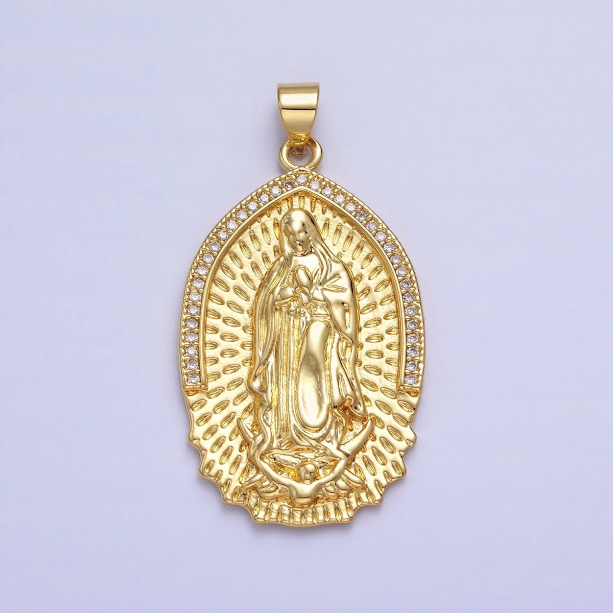 16K Gold Filled Mother Virgin Mary Line Textured Micro Paved CZ Religious Pendant | AA226