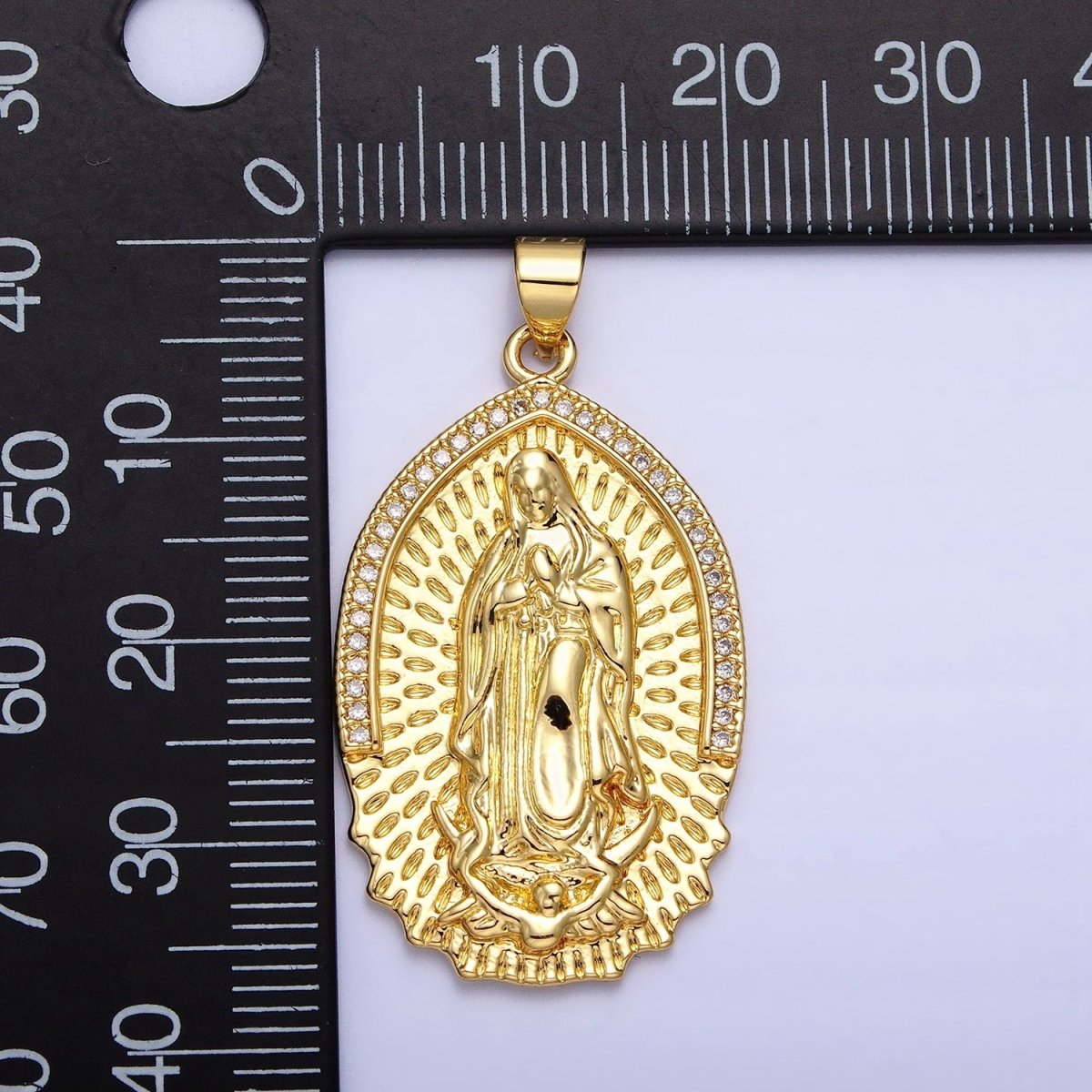 16K Gold Filled Mother Virgin Mary Line Textured Micro Paved CZ Religious Pendant | AA226