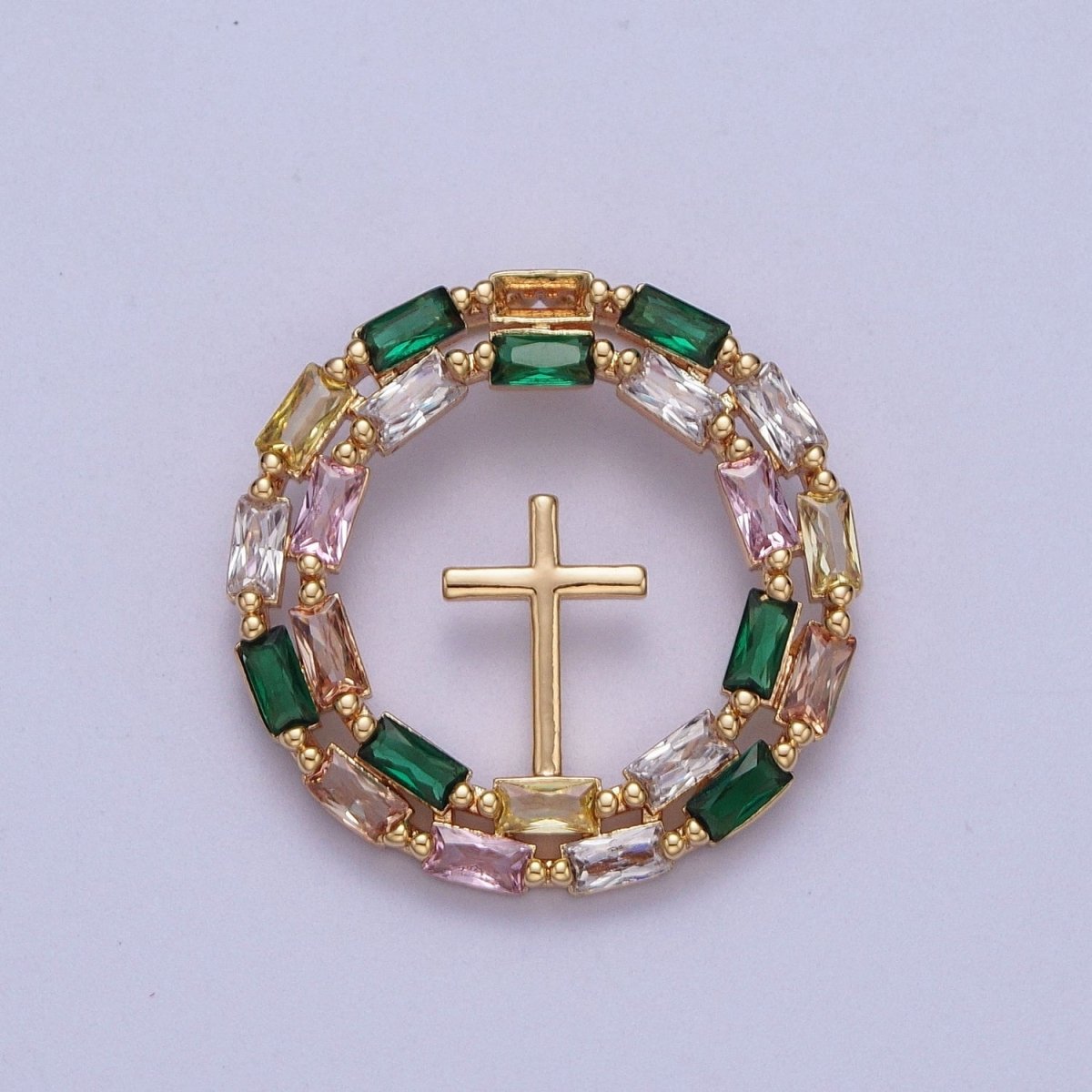 16K Gold Filled Multicolor Baguette Mini Cross Round Medallion Pendant For Religious Jewelry | X-689