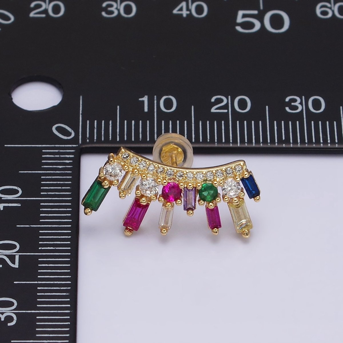 16K Gold Filled Multicolor CZ Baguette Round Fan Lined Stud Earrings | AD1163 AD1164