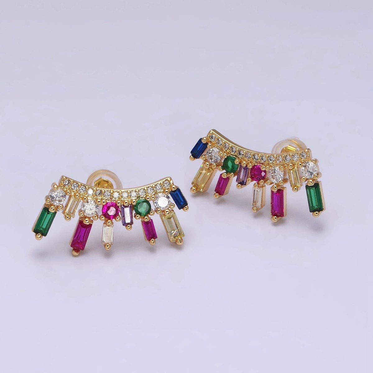 16K Gold Filled Multicolor CZ Baguette Round Fan Lined Stud Earrings | AD1163 AD1164