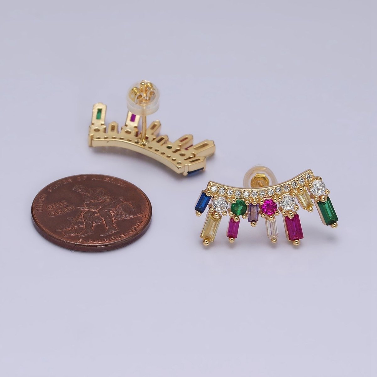16K Gold Filled Multicolor CZ Baguette Round Fan Lined Stud Earrings | AD1163 AD1164