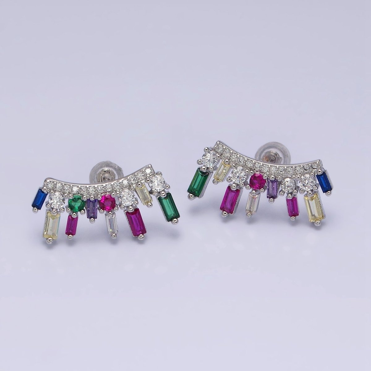 16K Gold Filled Multicolor CZ Baguette Round Fan Lined Stud Earrings | AD1163 AD1164