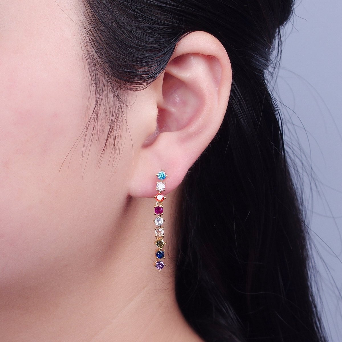 16K Gold Filled Multicolor CZ Linear Drop Dangle Stud Earrings | T-501