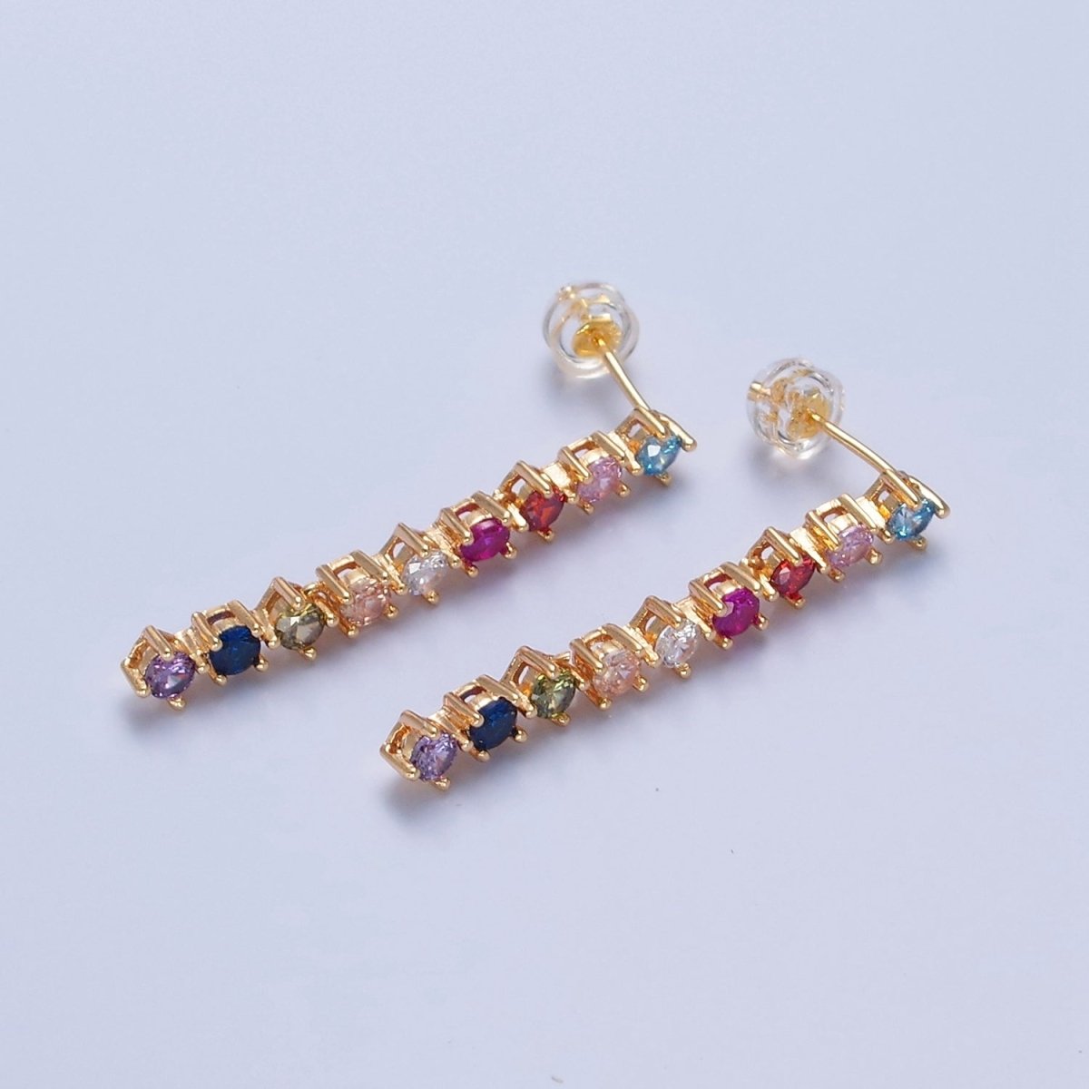 16K Gold Filled Multicolor CZ Linear Drop Dangle Stud Earrings | T-501
