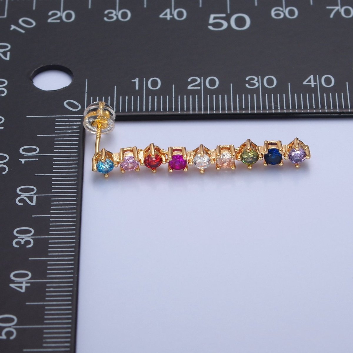 16K Gold Filled Multicolor CZ Linear Drop Dangle Stud Earrings | T-501