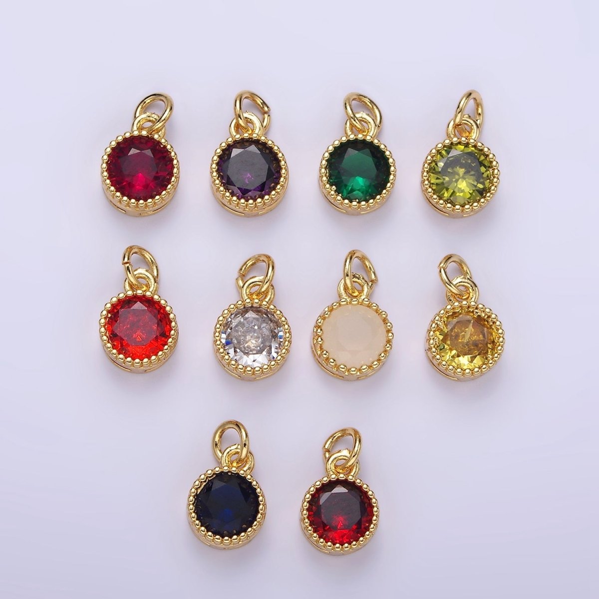 16K Gold Filled Multifaceted Birthstone CZ Round Circle Personalized Charm | N1064 - N1074