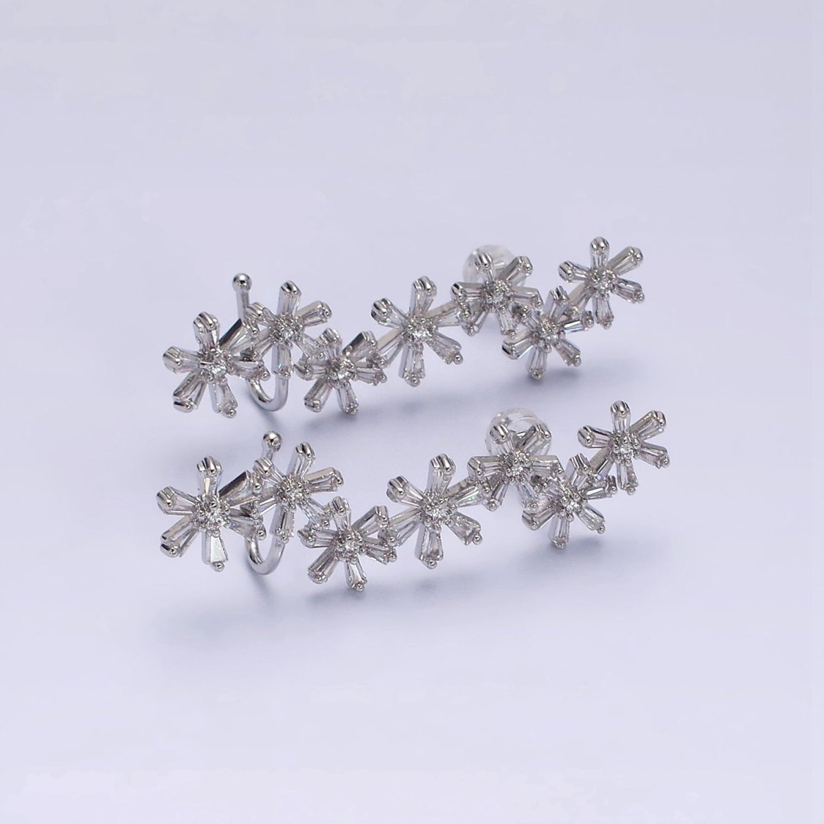 16K Gold Filled Multiple Flower Baguette Ear Crawler Cuff Stud Earrings in Gold & Silver | AI017 AI018