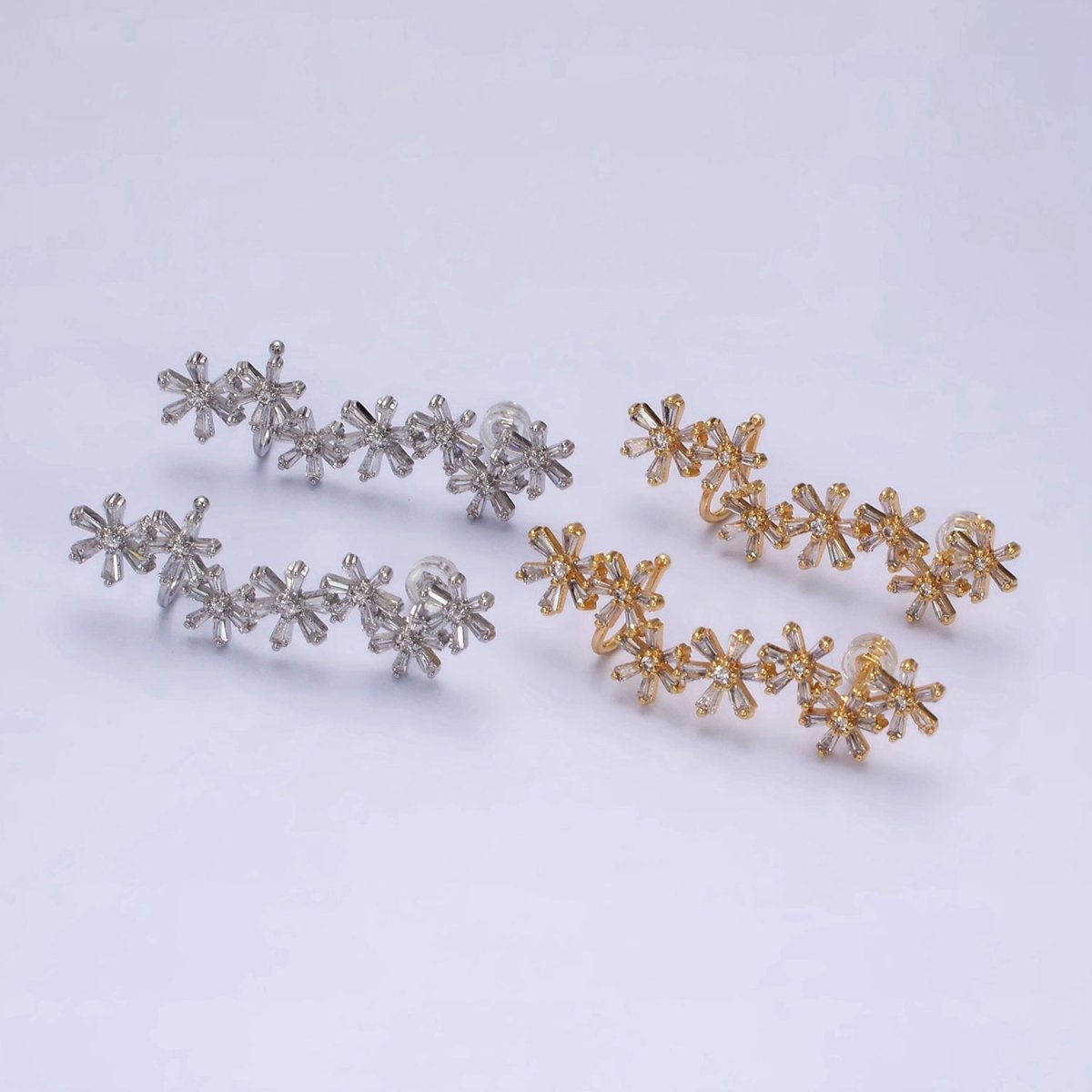 16K Gold Filled Multiple Flower Baguette Ear Crawler Cuff Stud Earrings in Gold & Silver | AI017 AI018