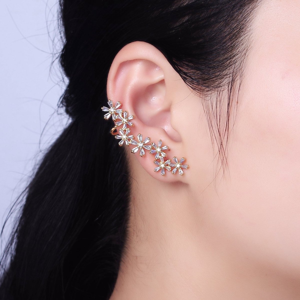 16K Gold Filled Multiple Flower Baguette Ear Crawler Cuff Stud Earrings in Gold & Silver | AI017 AI018