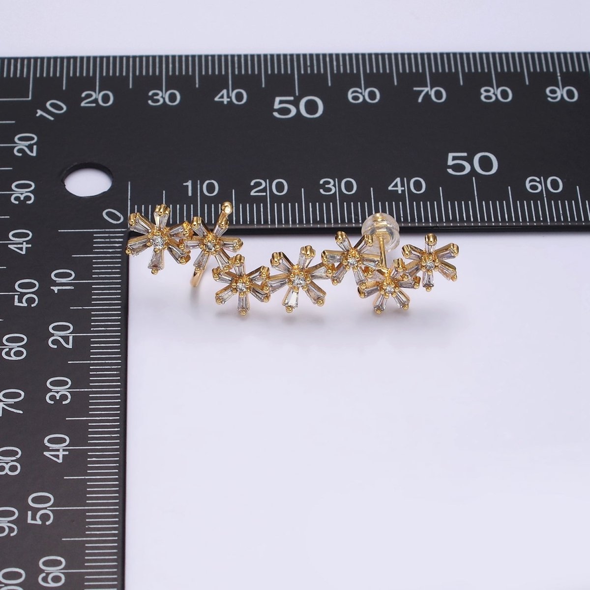 16K Gold Filled Multiple Flower Baguette Ear Crawler Cuff Stud Earrings in Gold & Silver | AI017 AI018