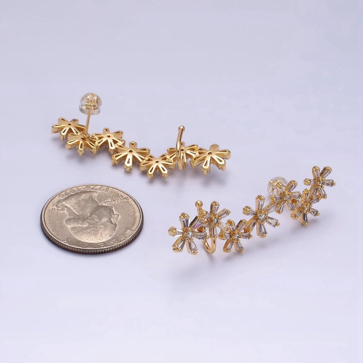 16K Gold Filled Multiple Flower Baguette Ear Crawler Cuff Stud Earrings in Gold & Silver | AI017 AI018