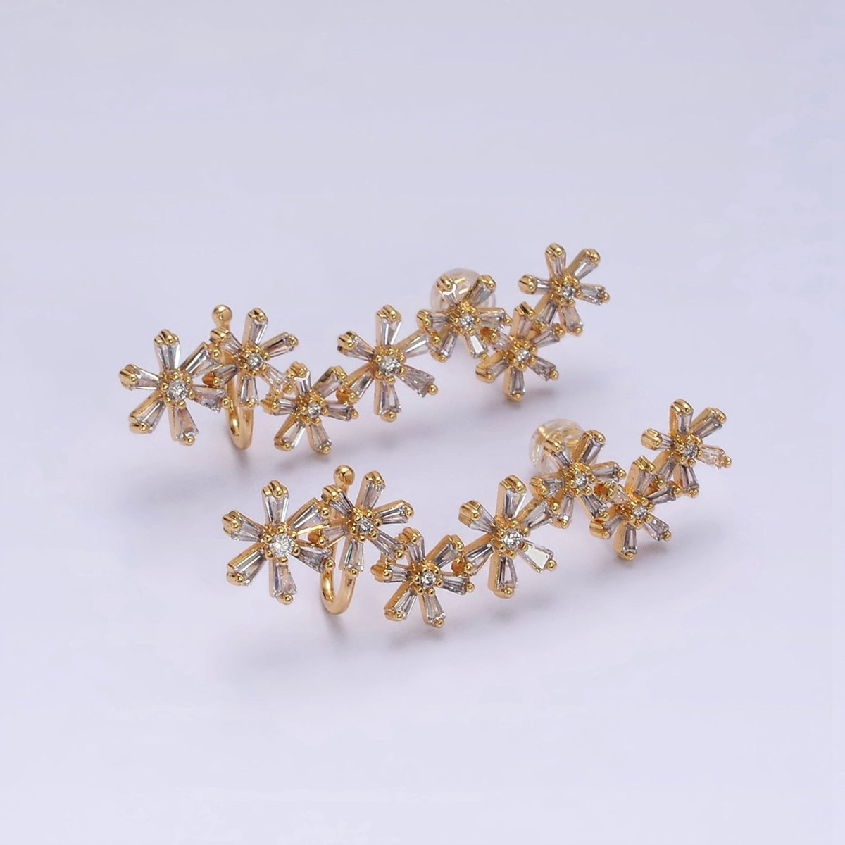 16K Gold Filled Multiple Flower Baguette Ear Crawler Cuff Stud Earrings in Gold & Silver | AI017 AI018