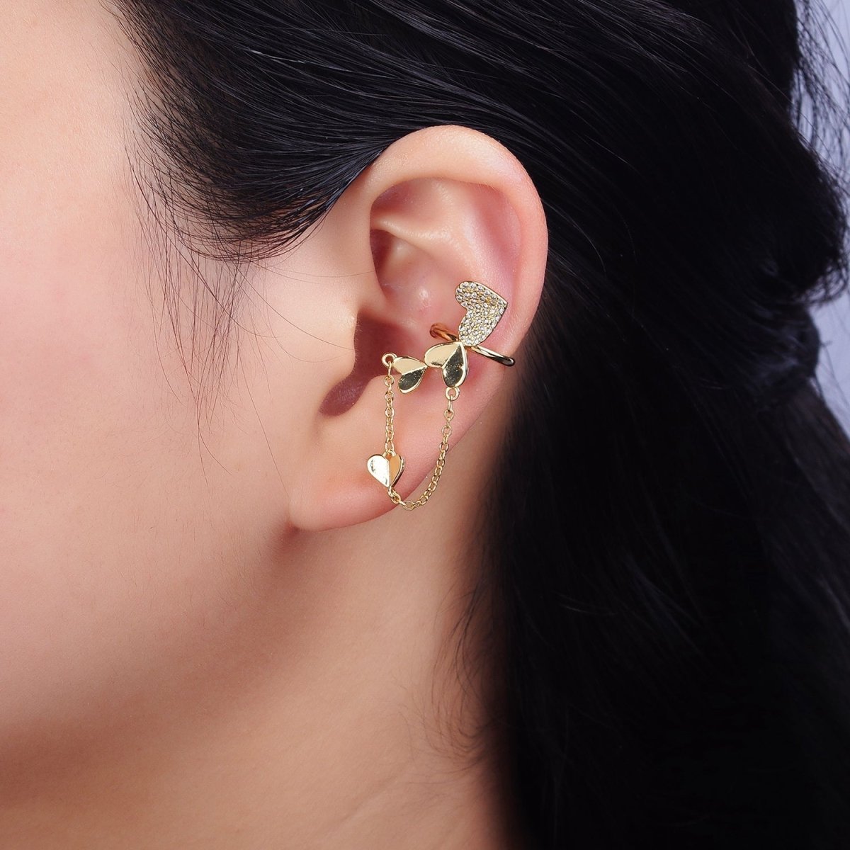 16K Gold Filled Heart Micro Paved CZ Cable Drop Ear Cuff Earrings | AI146 AI147