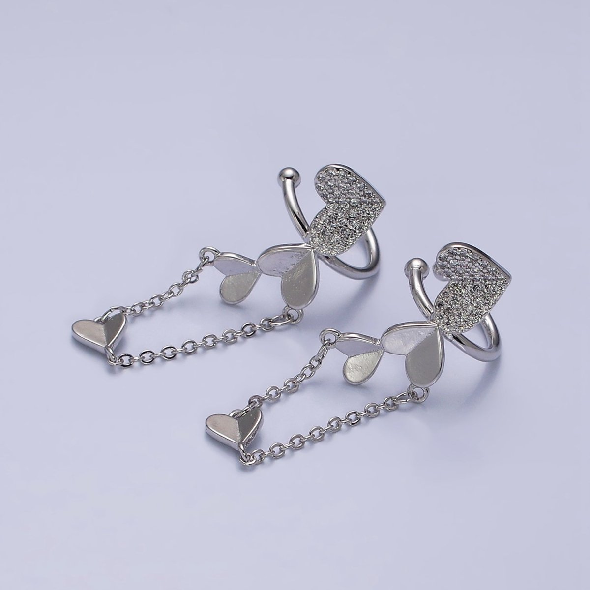 16K Gold Filled Heart Micro Paved CZ Cable Drop Ear Cuff Earrings | AI146 AI147