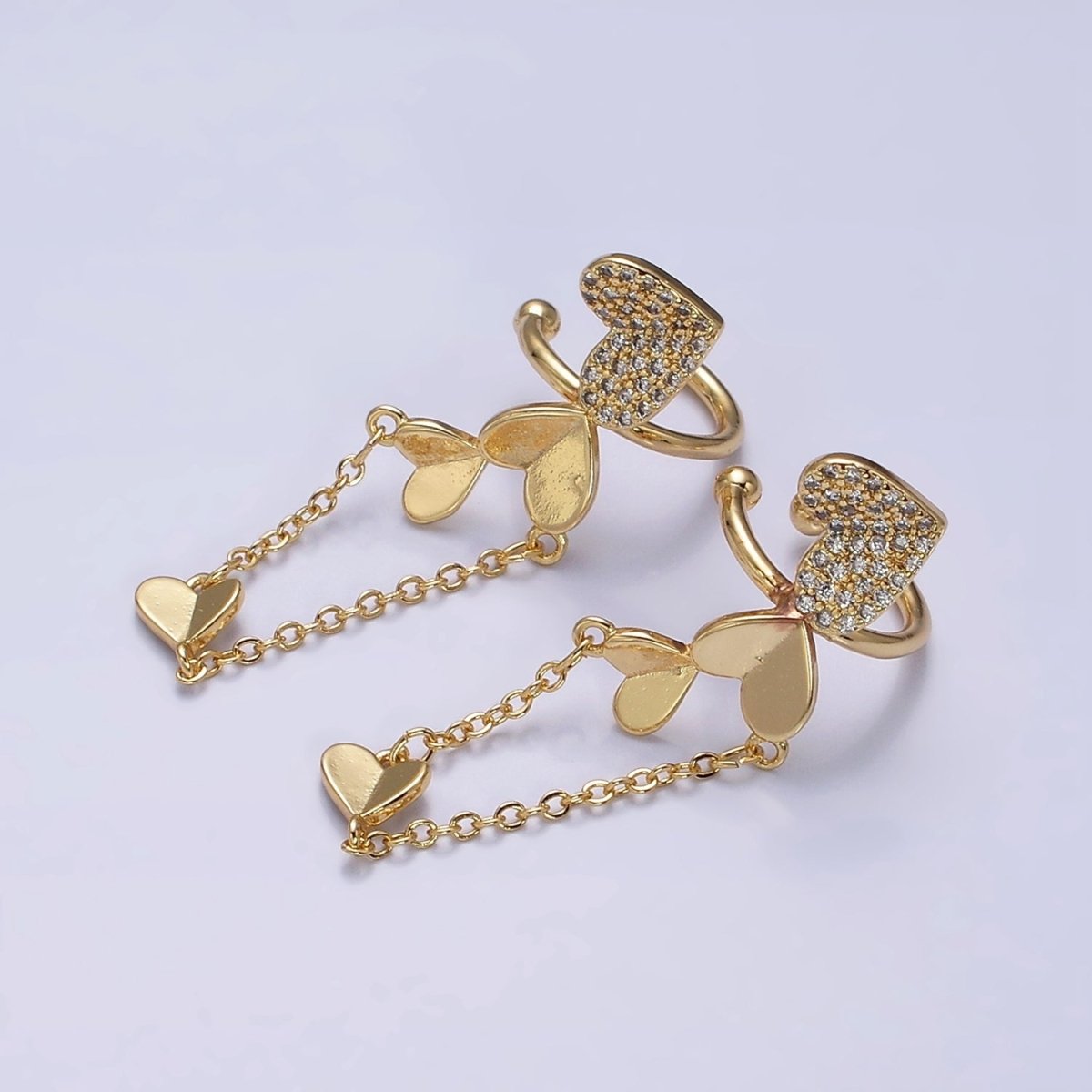 16K Gold Filled Heart Micro Paved CZ Cable Drop Ear Cuff Earrings | AI146 AI147