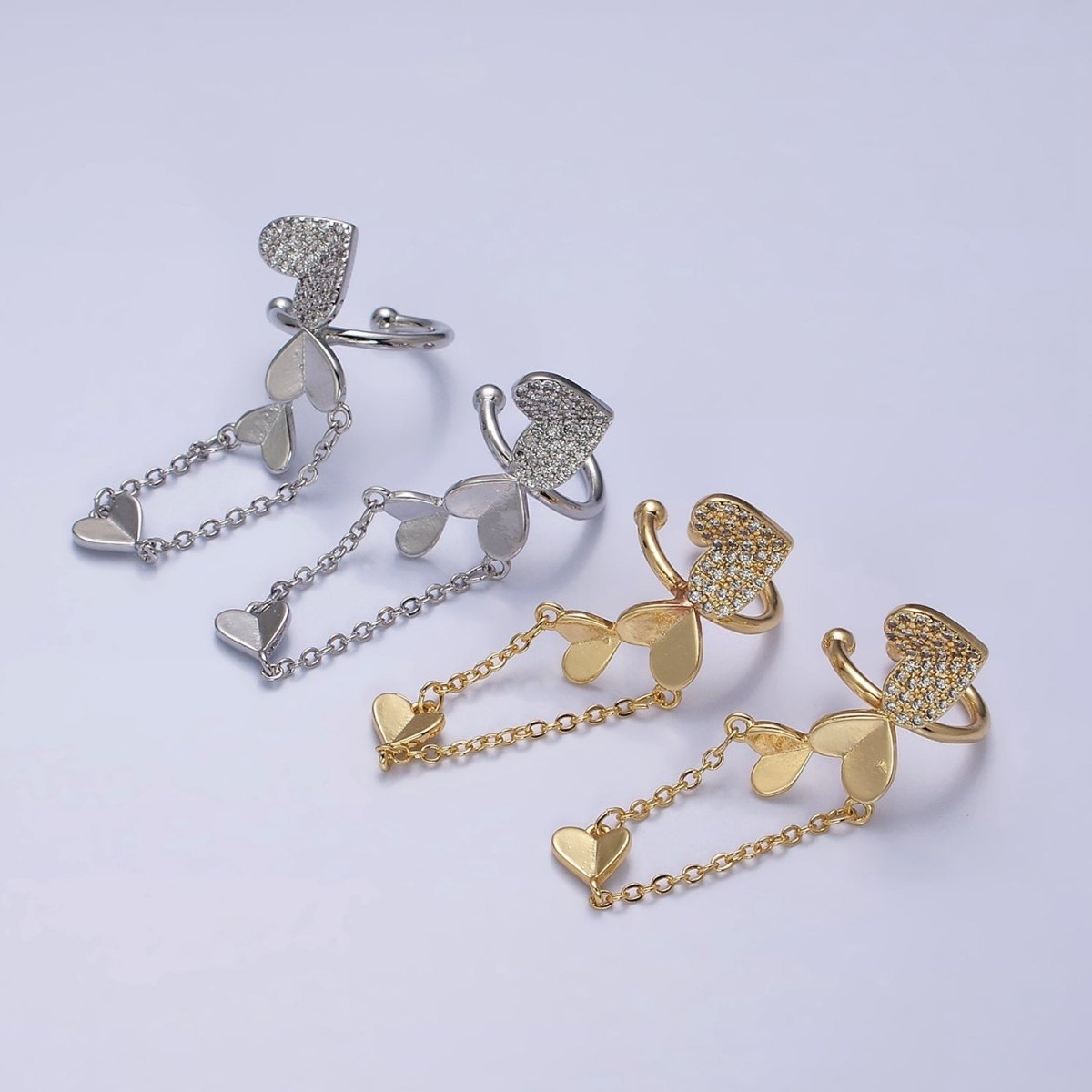 16K Gold Filled Heart Micro Paved CZ Cable Drop Ear Cuff Earrings | AI146 AI147