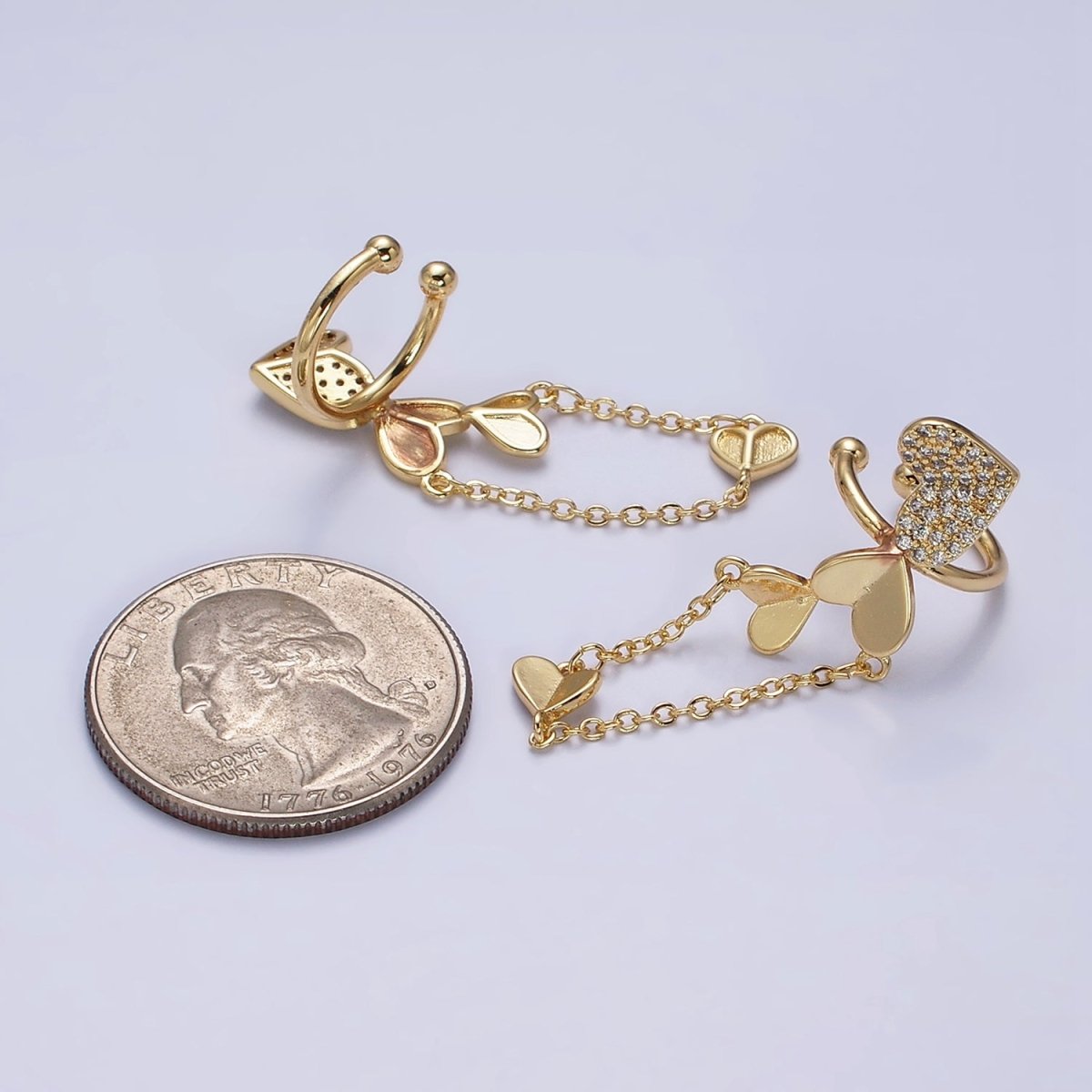 16K Gold Filled Heart Micro Paved CZ Cable Drop Ear Cuff Earrings | AI146 AI147