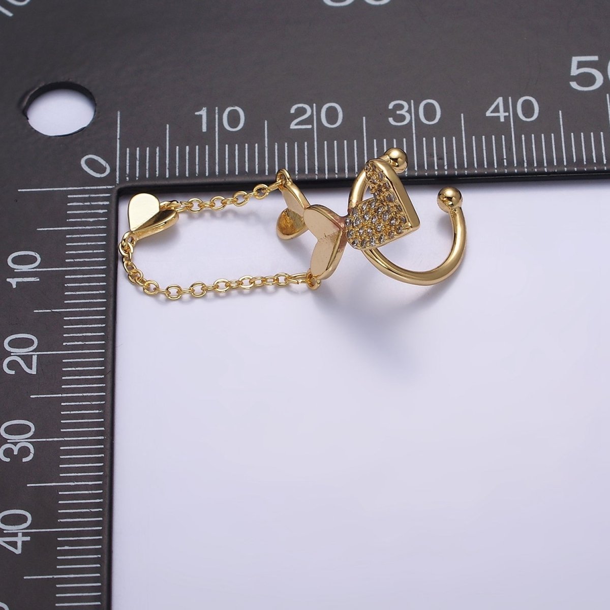 16K Gold Filled Heart Micro Paved CZ Cable Drop Ear Cuff Earrings | AI146 AI147