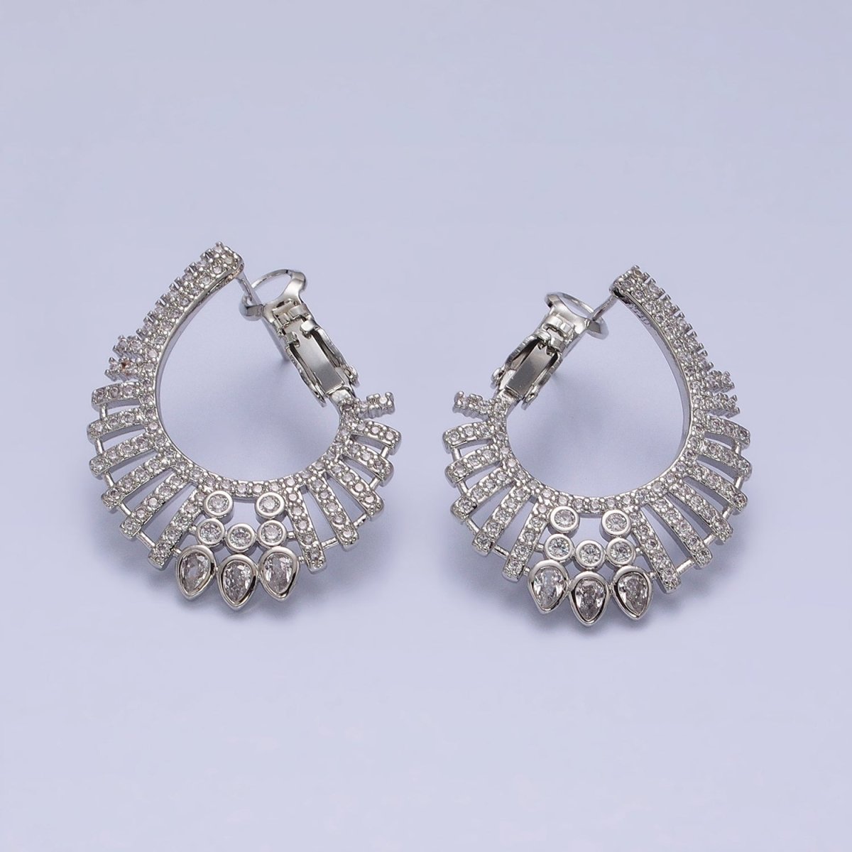 16K Gold Filled Multiple Micro Paved CZ Bar Teardrop Lined Front-Facing Hinge Earrings in Gold & Silver | AD1092 AD1093