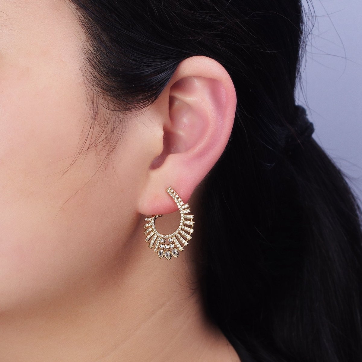 16K Gold Filled Multiple Micro Paved CZ Bar Teardrop Lined Front-Facing Hinge Earrings in Gold & Silver | AD1092 AD1093