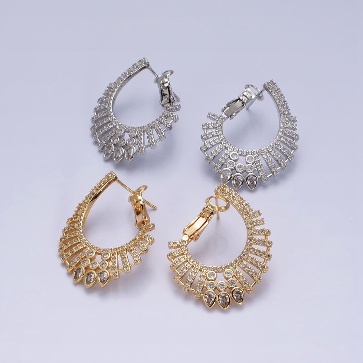 16K Gold Filled Multiple Micro Paved CZ Bar Teardrop Lined Front-Facing Hinge Earrings in Gold & Silver | AD1092 AD1093
