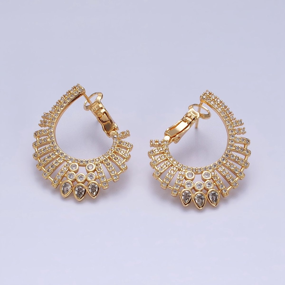 16K Gold Filled Multiple Micro Paved CZ Bar Teardrop Lined Front-Facing Hinge Earrings in Gold & Silver | AD1092 AD1093