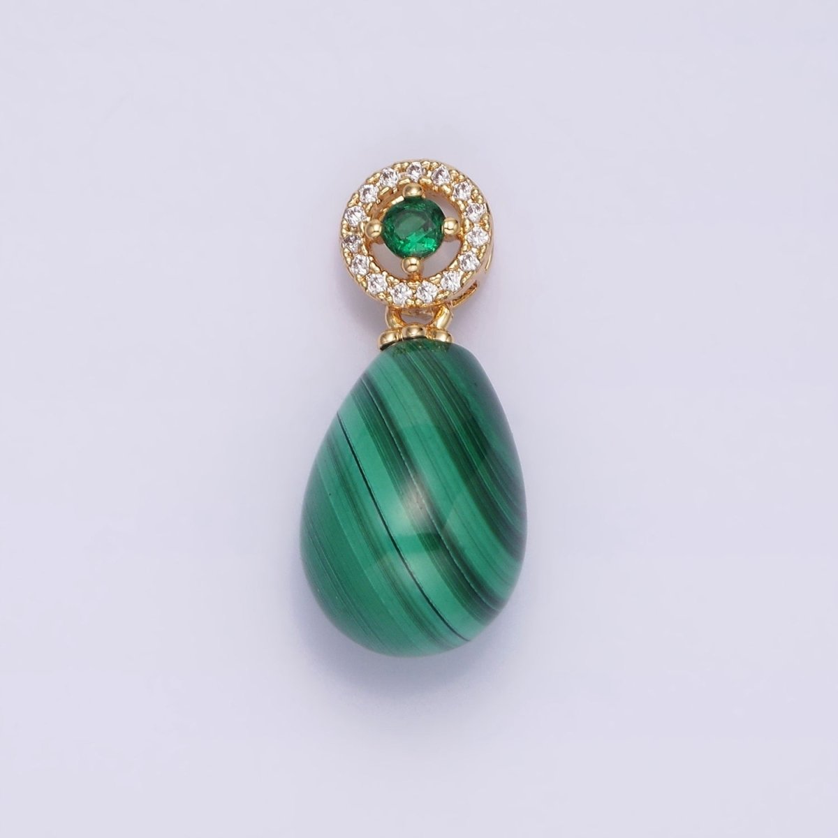 16K Gold Filled Natural Gemstone Malachite Drop Micro Paved CZ Green Round Bail | AA614