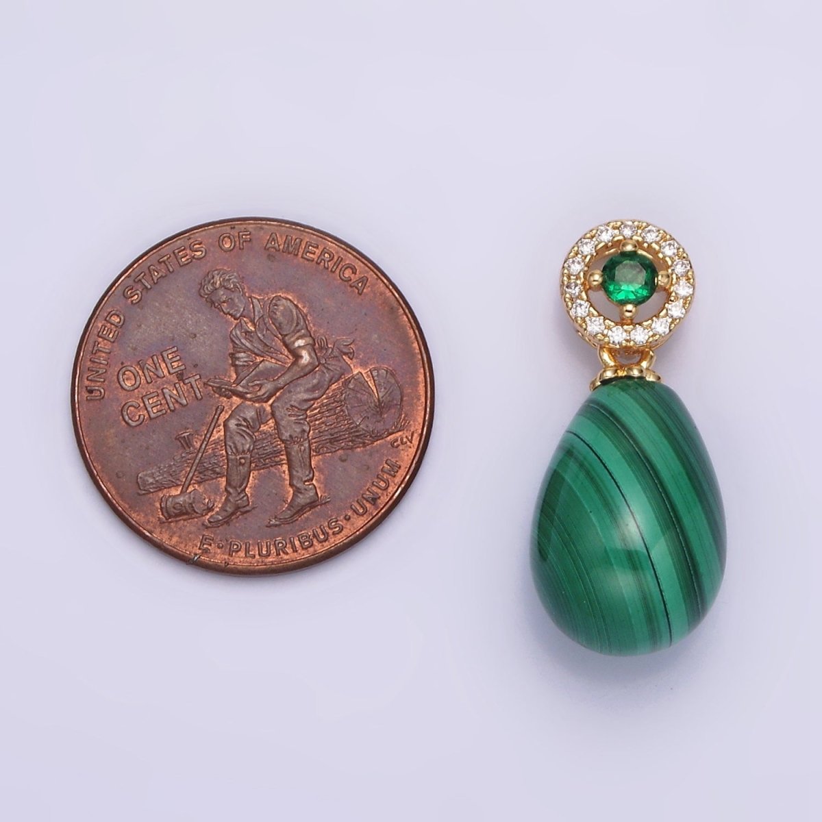 16K Gold Filled Natural Gemstone Malachite Drop Micro Paved CZ Green Round Bail | AA614