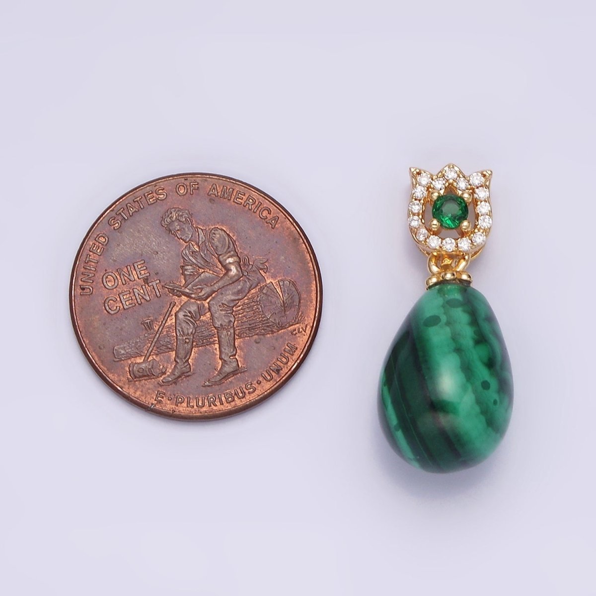 16K Gold Filled Natural Gemstone Malachite Drop Micro Paved CZ Tulip Flower Bail | AA615