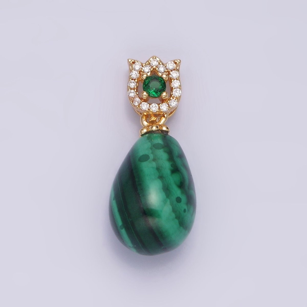 16K Gold Filled Natural Gemstone Malachite Drop Micro Paved CZ Tulip Flower Bail | AA615