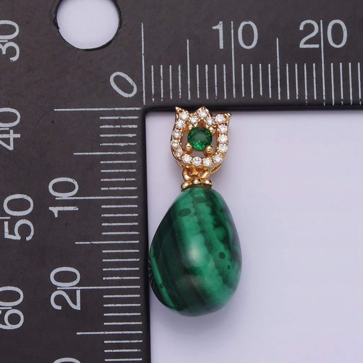 16K Gold Filled Natural Gemstone Malachite Drop Micro Paved CZ Tulip Flower Bail | AA615