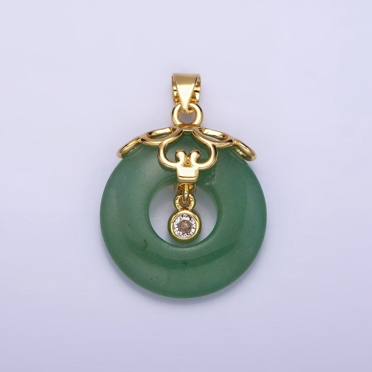 16K Gold Filled Natural Green Jade Donut Artisan Frame Clear CZ Bezel Dangle Pendant | AA532